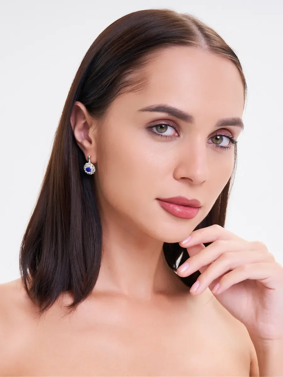 Серьги бижутерные висячие с синим камнем — фотография 6