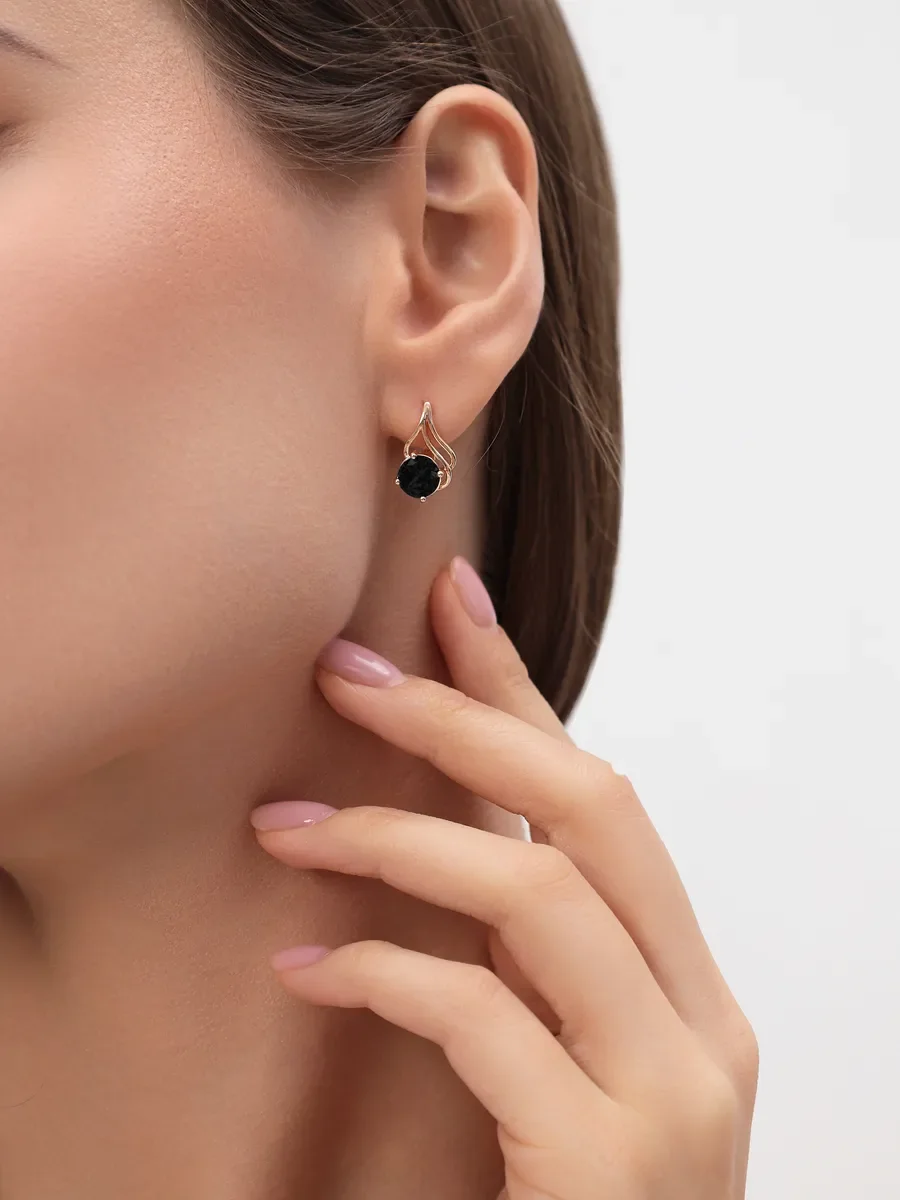 Серьги бижутерные висячие с чёрным камнем — фотография 3